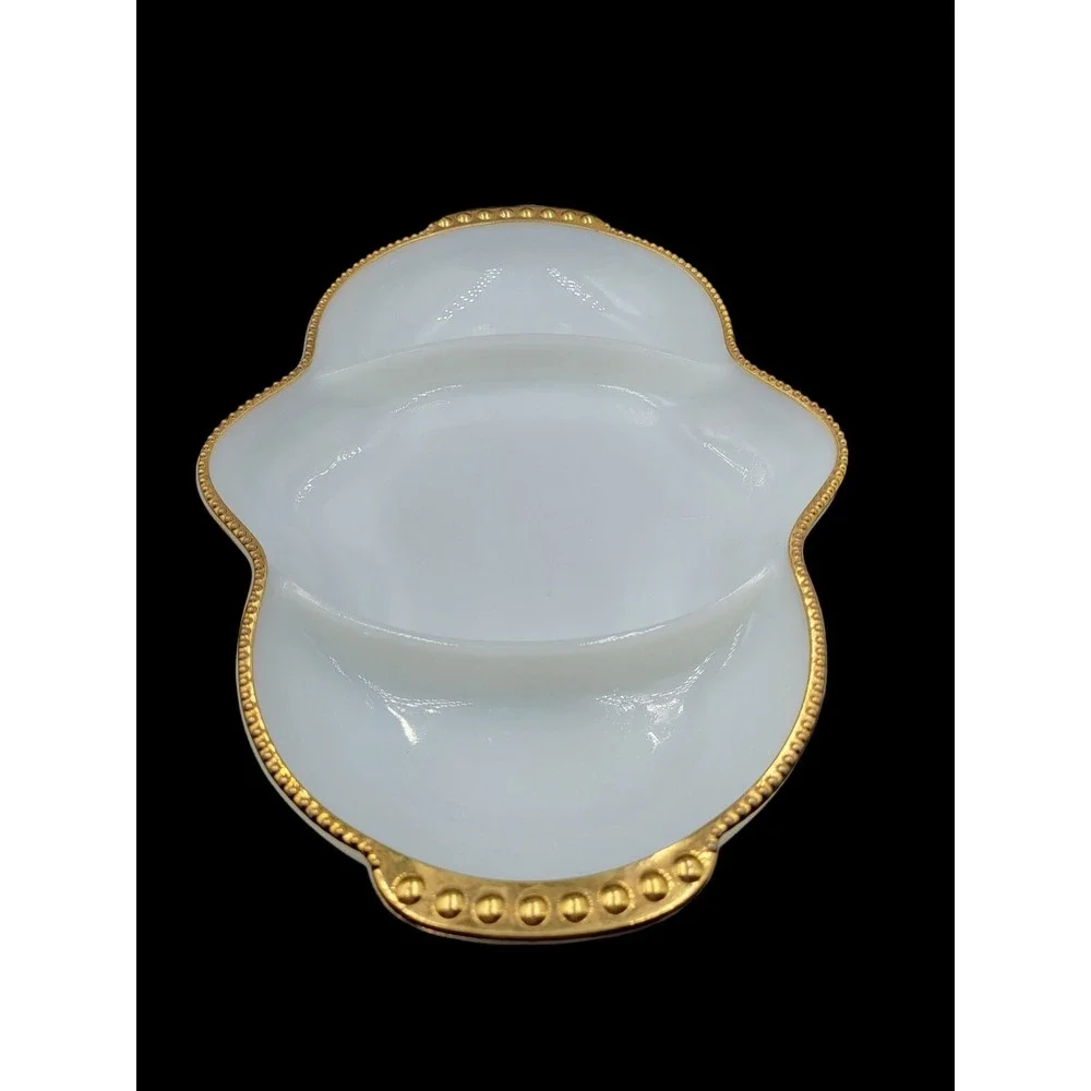 Fire King Anchor Hocking Milk Glass Divided Bright White Dish‎ Gilded Gold Trim